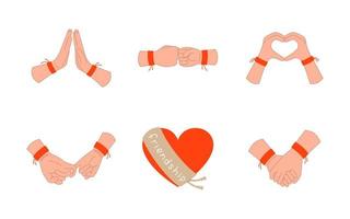 Set of poses of human hands in friendship bracelets. International Friendship Day vector illustration. Gestures and heart isolated on white background.