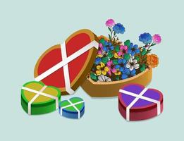 caja de regalo con forma de amor, decoración de flores florecientes, para eventos o celebraciones, cumpleaños, san valentín, bodas, días de navidad, etc. vector