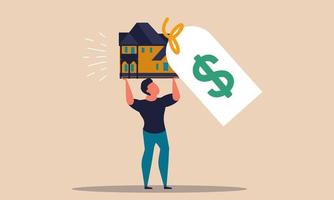 Mortgage house and real estate payment overprice. Character overpay to insurance building and broker vector illustration concept. Expenses to bank budget and finance problem. Property payoff to credit