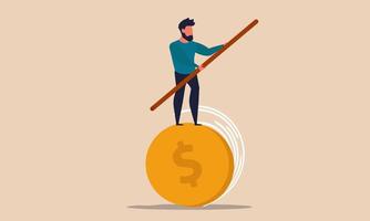 Risk stability and money control in business trade. Man balancing on a coin vector illustration. Financial investment risk bank and analyst failure balance. Finance inflation competition and loss loan