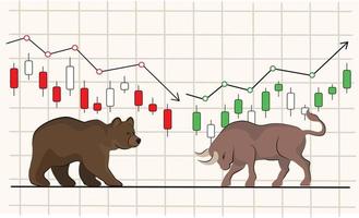 fight of bull and bear cryptocurrency chart, japanese candlesticks and arrows rising and falling prices, stock market illustration. bullish and bearish trend. vector banner for trading on the exchange