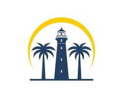 Lighthouse with palm tree and sun swoosh vector
