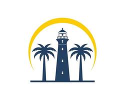 Lighthouse with palm tree and sun swoosh vector