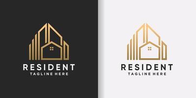 Creative resident logo design template with line art style and golden color Premium Vector