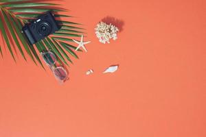 Summer vibes. Camera, sunglasses witt tropical palm leaf, seashells and starfish. Flat lay, top view photo