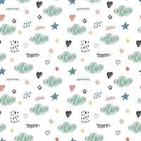 Cute kids seamless pattern with childish simple doodles of clouds stars. Vector illustration for baby textiles, prints and decor.