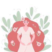 A pregnant girl holds her hand on her tummy. A young woman surrounded by leaves. Motherhood and child expectation, an emblem for designs, posters and greeting cards. vector