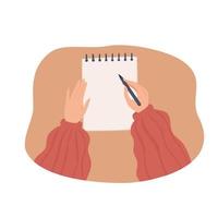 Female hands holding pencil notebook top view of the table. Planning keeping wish list diary. Flat vector illustration.