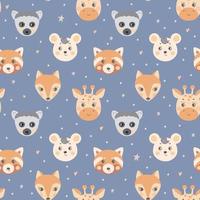 Seamless pattern with cute animal faces. The muzzle of a lemur, giraffe, fox, mouse on a gray blue background. Vector for textiles and poster design, kids clothing.