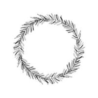 Wreath of simple twigs with different leaves. Black lines on white background, sketch, Doodle style. Hand drawn vector illustration with copy space