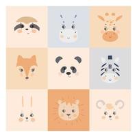 Cute simple animal faces on colorful backgrounds. Portrait of a cartoon funny hare, zebra, panda, sloth, giraffe, hippo, lion, mouse. Vector for baby clothes, nursery, kid posters.