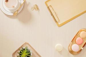 Women's home office workspace with clipboard, macaroons, pen, coffee mug on pastel background. Flat lay, top view lifestyle concept. photo