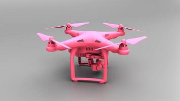 Modern pink color Remote Control Air Drone Flying with action camera on white background photo