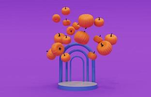 Representación 3d de calabaza de halloween volando, podio, elemento de diseño de fondo de halloween foto