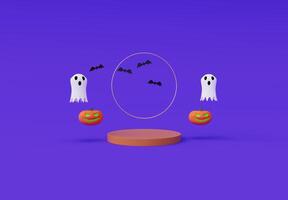 3d rendering of Halloween flying spooky, ghost, pumpkin, podium, bat, minimal Halloween background design element photo