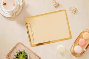 Women's home office workspace with clipboard, macaroons, pen, coffee mug on pastel background. Flat lay, top view lifestyle concept. photo