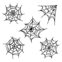 Spider web vector icon set. Old crooked spooky cobweb. Black outline, simple sketch isolated on white. Gossamer with an insect. Illustration for Halloween decor, holiday cards, invitations, art print