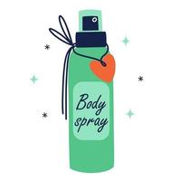 Body spray vector icon. Glass bottle with cosmetic product for skin care, cleansing. Organic oil against wrinkles, acne, cellulite. Flat cartoon clipart for beauty, spa, logo, web. Isolated on white