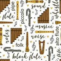 Flute seamless vector pattern. Block flute, pan pipe, whistle, duduk. Wooden and metal musical instruments isolated on white. Fife for classical melodies. Flat cartoon background with text