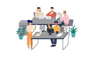 Group of office workers sitting at desks and communicating or talking to each other vector