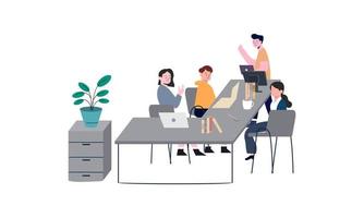 Group of office workers sitting at desks and communicating or talking to each other vector