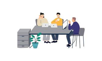 grupo de oficinistas sentados en escritorios y comunicándose o hablando entre ellos vector