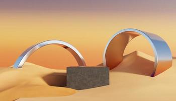 Abstract Dune cliff sand with metallic Podium stand platform. Surreal Desert natural landscape background. Scene of Desert with glossy metallic arches geometric design. 3D Render. photo