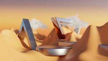 Abstract Dune cliff sand with metallic Podium stand platform. Surreal Desert natural landscape background. Scene of Desert with glossy metallic arches geometric design. 3D Render. photo