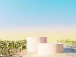 Abstract Pastel of nature, flowers leaves and tree plants with Podium stand platform. Surreal Desert natural landscape background. Scene of Desert with  oasis land with minimal design. 3D Render. photo