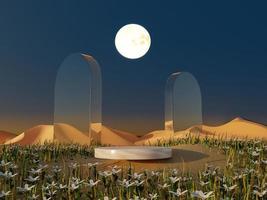 Abstract Pastel of nature, flowers leaves and tree plants with Podium stand platform. Surreal Night Desert natural landscape with mirror arches and night sky background. 3D Render. photo