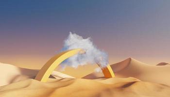 Abstract Dune cliff sand with metallic Podium stand platform. Surreal Desert natural landscape background. Scene of Desert with glossy metallic arches geometric design. 3D Render. photo