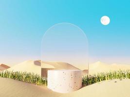 Abstract Pastel of nature, flowers leaves and tree plants with Podium stand platform. Surreal Desert natural landscape background. Scene of Desert with  oasis land with minimal design. 3D Render. photo