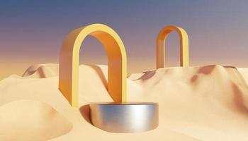 Abstract Dune cliff sand with metallic Podium stand platform. Surreal Desert natural landscape background. Scene of Desert with glossy metallic arches geometric design. 3D Render. photo