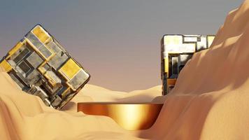 Abstract Dune cliff sand with metallic Podium stand platform. Surreal Desert natural landscape background. Scene of Desert with glossy metallic arches geometric design. 3D Render. photo