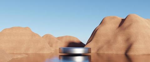 Abstract Dune cliff sand with metallic Podium stand platform. Surreal Desert natural landscape background. Scene of Desert with glossy metallic arches geometric design. 3D Render. photo