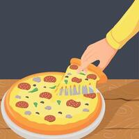 hand taking pizza portion vector