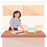 woman kneading dough scene vector