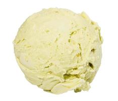 Scoop of pistachio ice cream from top on white background photo