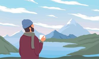 tourist drinking coffee in landscape vector