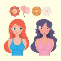 seis mujeres y flores vector