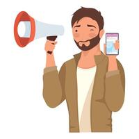 man with smartphone and megaphone vector