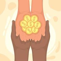 interracial hands with charity coins vector