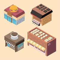 isometric buildings four icons