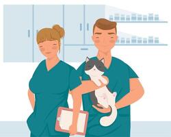 pareja de médicos veterinarios con gato vector