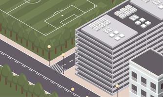 edificio isométrico y campo de fútbol. vector