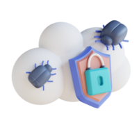 Seguridad de virus en la nube de ilustración 3d png