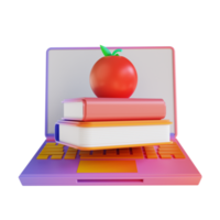 3d illustration livre coloré pomme et ordinateur portable png