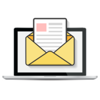 Laptop with envelope and document on screen. E-mail, email marketing, internet advertising concepts. Flat design. png