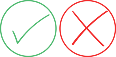 Häkchensymbole mit dünnen Linien. grünes Häkchen und rotes Kreuz Häkchen flach