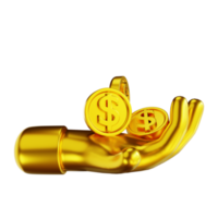 3d ilustración manos doradas y monedas de dinero png